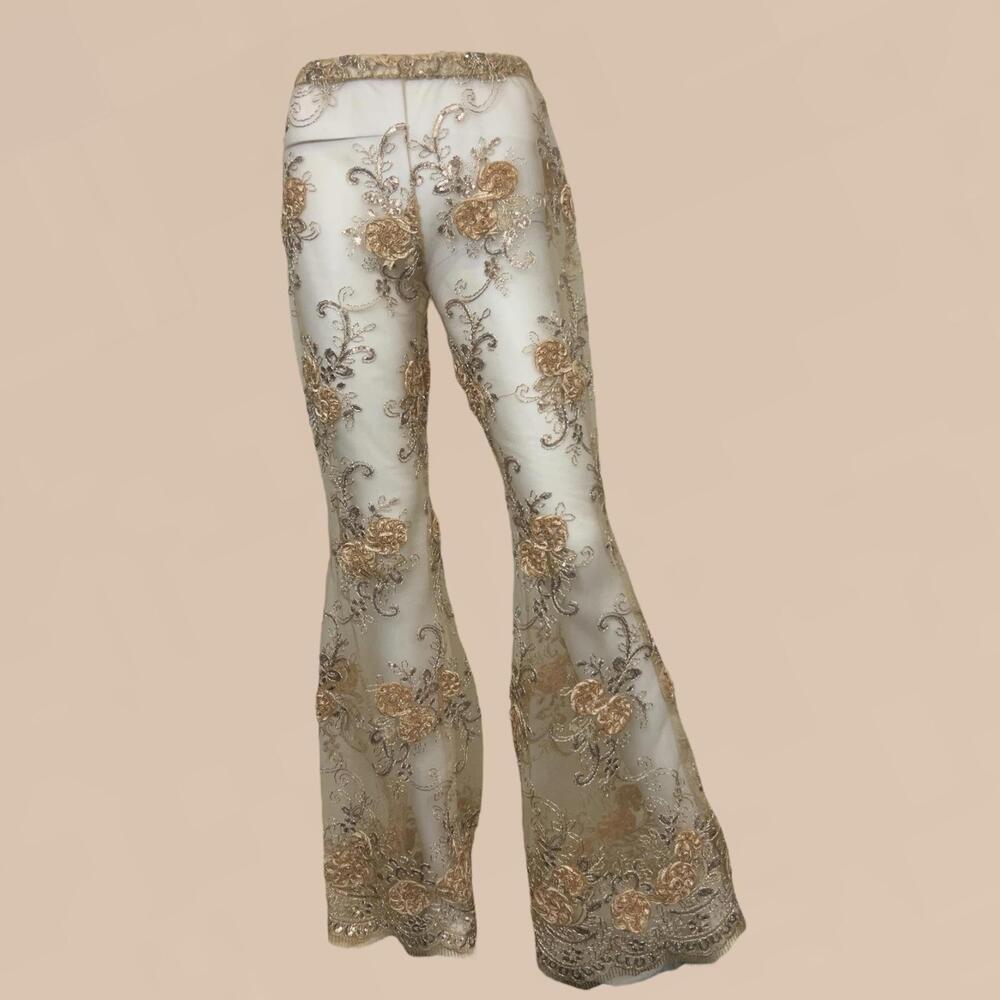 Sheer Embroidered Wide Leg Pant